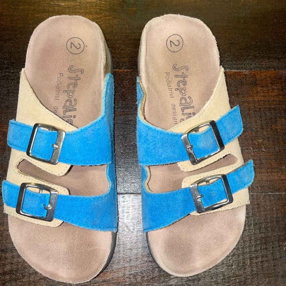 Kids Step Align Podiatrist design Orthopedic Slip On Buckle‎ Tan blue Sandals 2